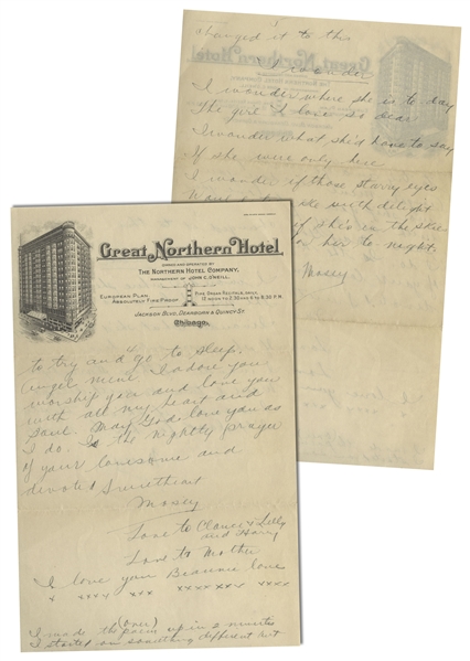 Moe Howard Handwritten Poem & Partial Letter Twice-Signed ''Mosey'' to Helen, Circa 1924 -- 2pp. on 6'' x 9.5'' Sheet of Chicago Hotel Stationery -- Very Good